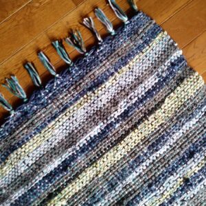 Small Square Handwoven Rag Rug (blue, yellow, grey, white)